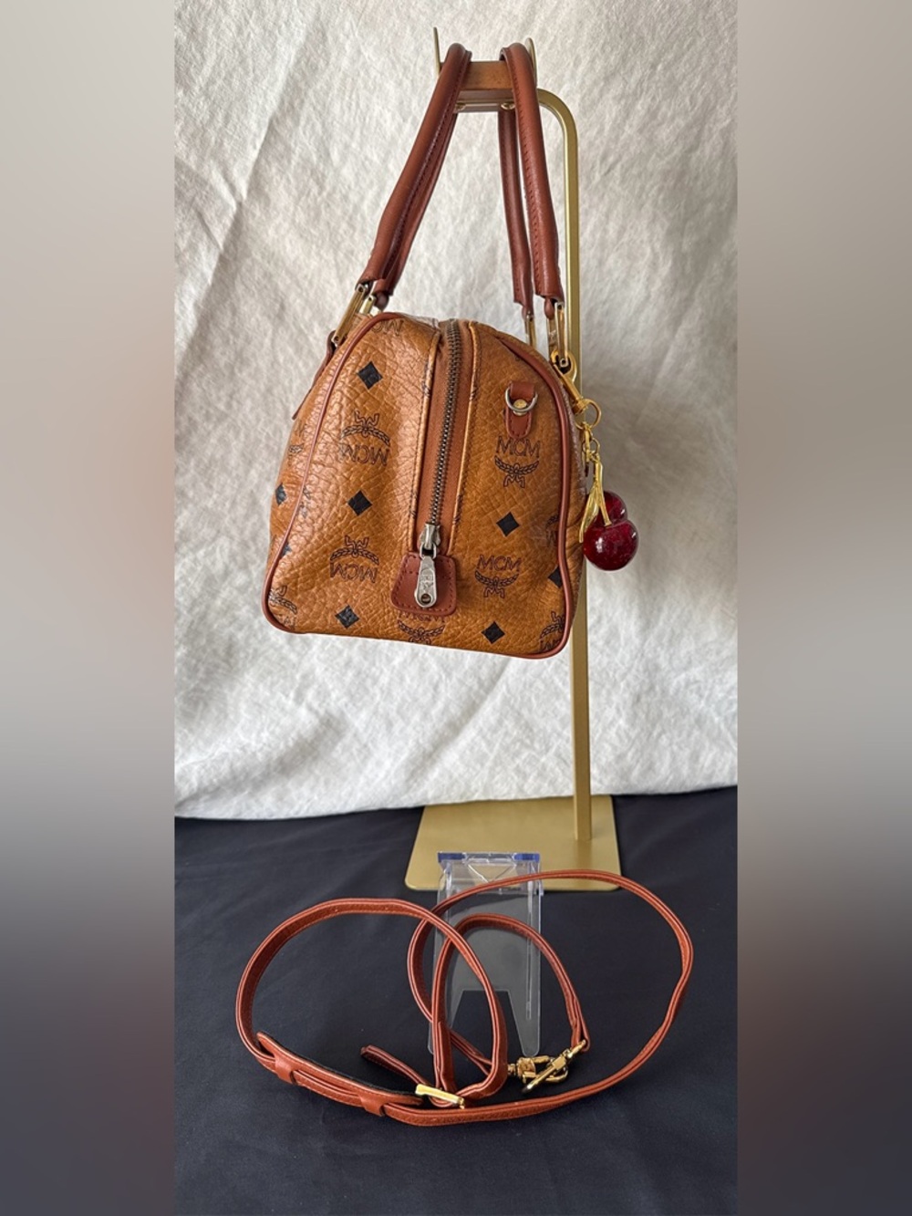MCM Vintage Cognac Visetos Monogram Boston Bag with Cherry Charm Comes With COA - Picture 3 of 16